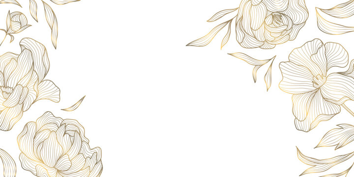 Vector golden floral line frame, luxury leaves plant border. Wedding elegant card, nature royal garden drawing. Vintage blossom decor.