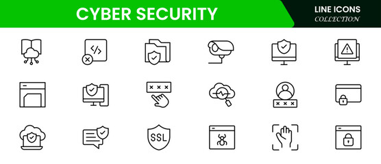Cyber security icon set with information, technology, data network, malware, virus, unauthorized access and protected.