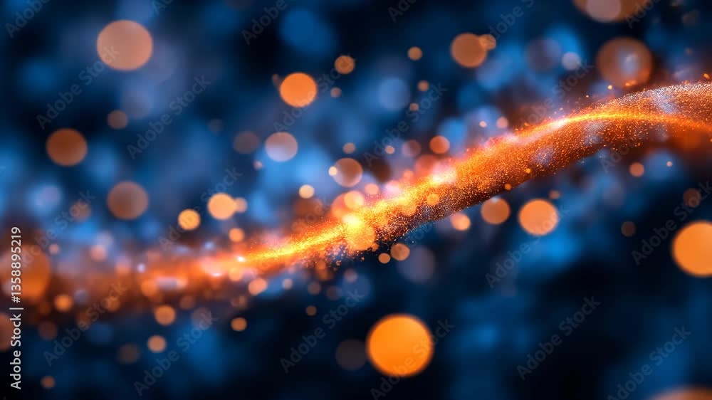 Poster dynamic flowing golden particles on blue bokeh abstract background for energy