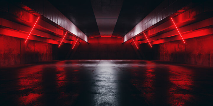 Sci Fi Futuristic Neon Triangle Laser Bolts Electric Cyber Glowing Bunker Red Lights Stage Garage Hangar Hallway Corridor Tunnel Cement Concrete Grunge Basement Club 3D Rendering