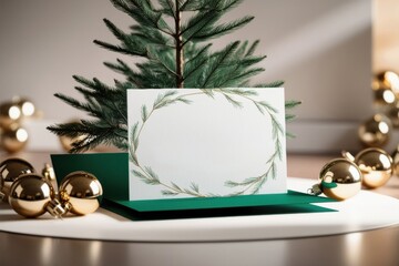 Festive holiday scene with a card and gold ornaments around a miniature tree.