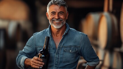 A man is smiling and holding a bottle of wine. Concept of happiness and enjoyment, as the man is posing with the bottle, likely to share the experience with others