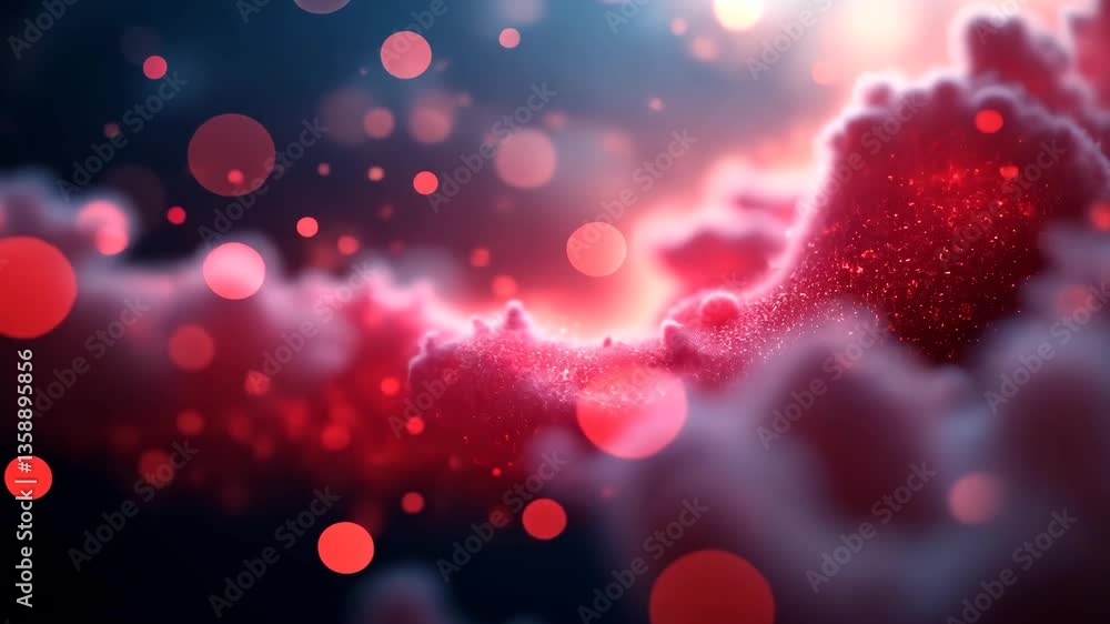 Poster ethereal abstract cloudscape in red and white tones with glowing bokeh effects