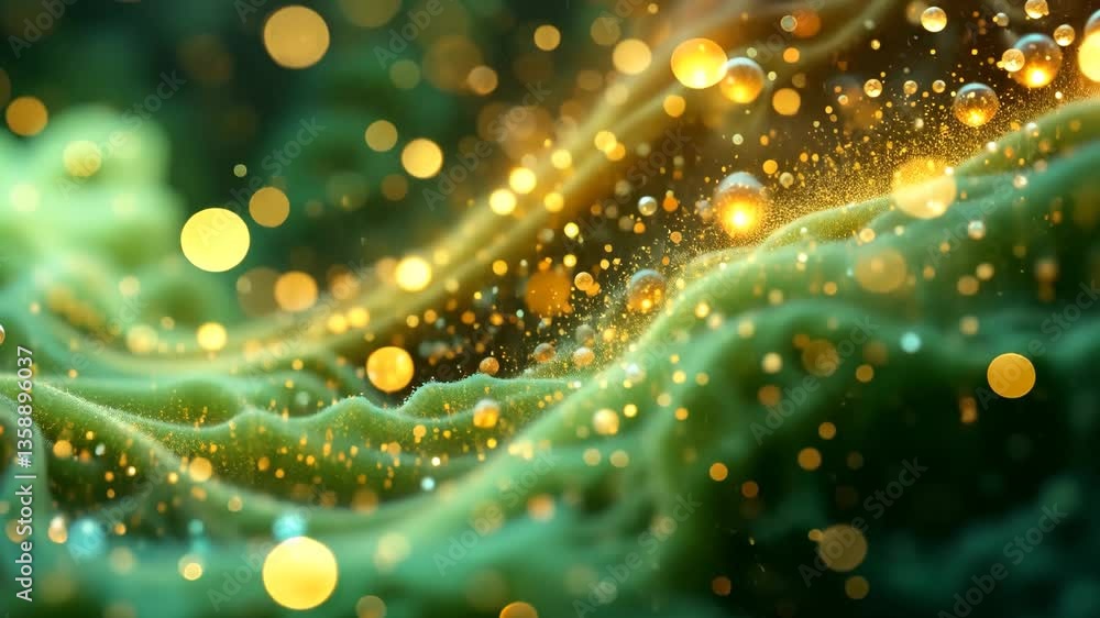 Aufkleber ethereal green and gold bokeh abstract background with shimmering lights and floating particles