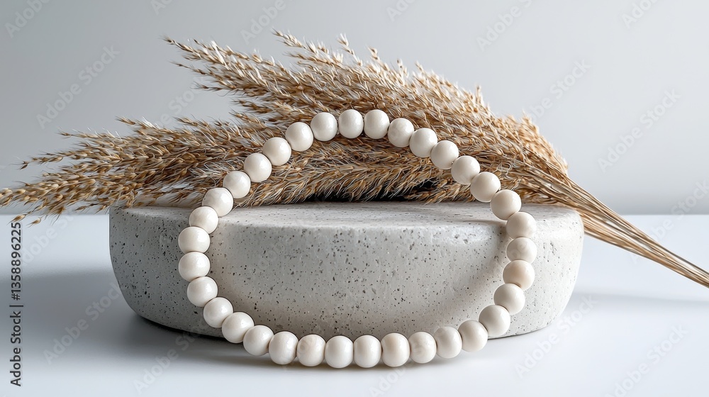 Poster minimalist beaded strand on soft white base with uncluttered look and text