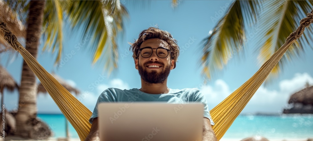 Poster a man is smiling and sitting on a hammock with a laptop in his lap. he is enjoying the beach and the