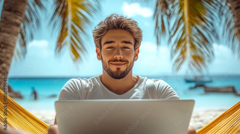 Poster a man is sitting on a beach with a laptop in front of him. he is smiling and he is enjoying his time