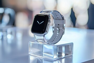 A sleek smartwatch displayed on a clear stand, featuring a minimalist design and illuminated background, showcasing modern technology.
