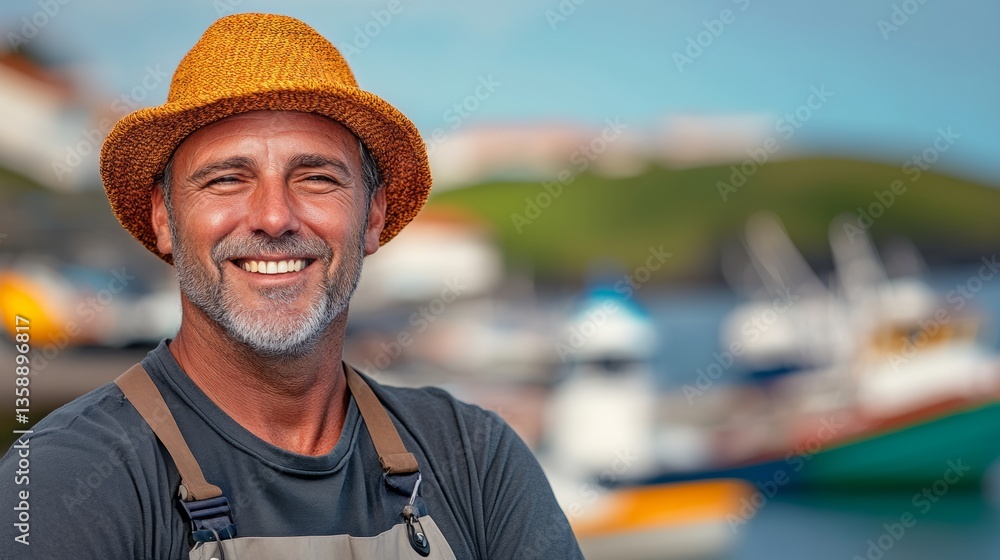 Poster a man wearing a straw hat and apron is smiling and posing for a picture. the background features a b