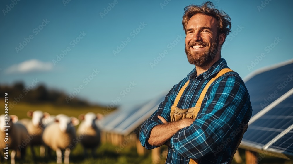 Poster a man with a beard and a plaid shirt stands in front of a herd of sheep. he is smiling and he is hap