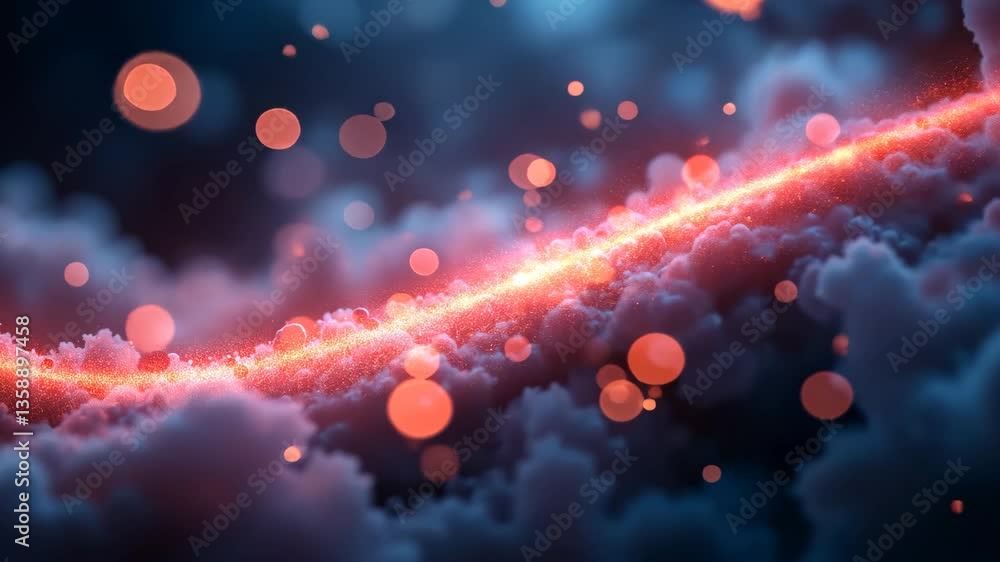 Poster glowing red energy stream cuts through dark fluffy clouds with bokeh light and ethereal atmosphere