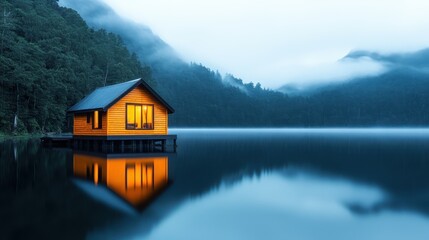 Fototapeta premium A tranquil lakeside cabin reflects beautifully on still waters, surrounded by misty mountains, creating a peaceful and serene atmosphere for relaxation and escape.