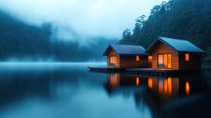 Fototapeta premium Two charming wooden cabins illuminated by warm light on a misty lakeside, embodying tranquility and serenity, making it an ideal escape into nature's beauty.