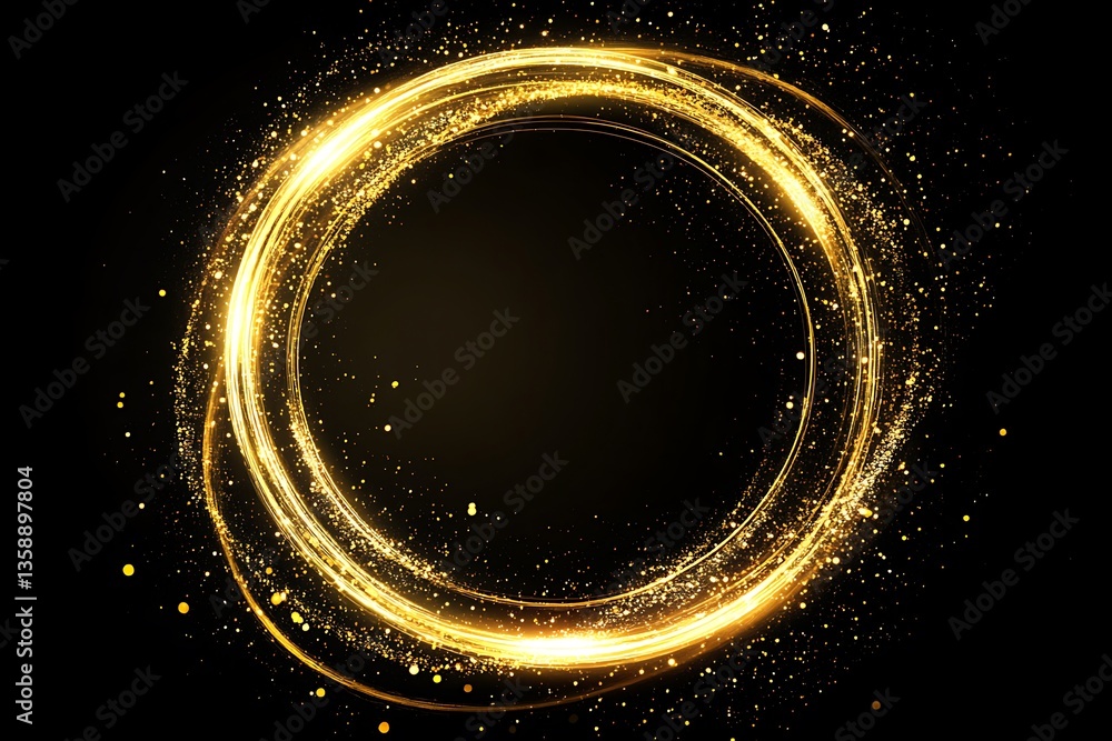 Poster golden glowing circular light frame on black background.