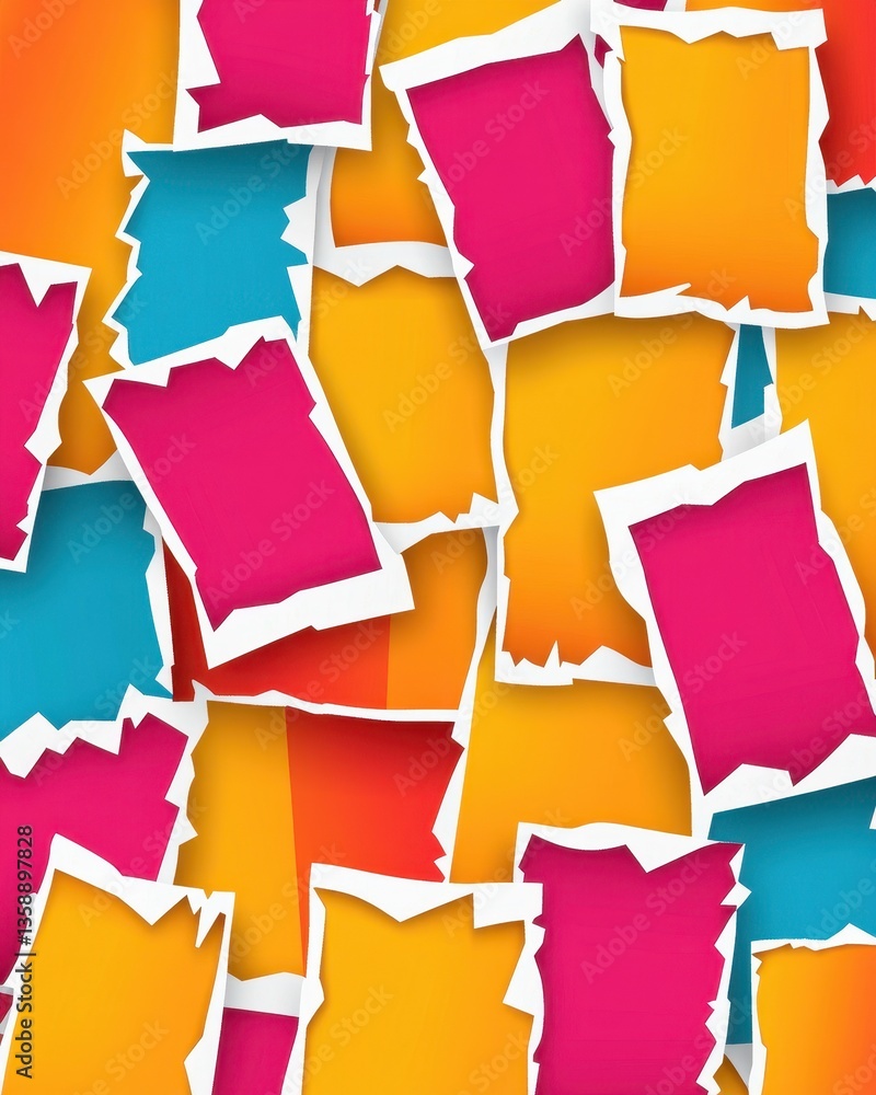 Poster a vibrant, seamless background featuring an array of colorful torn paper textures in various shades,