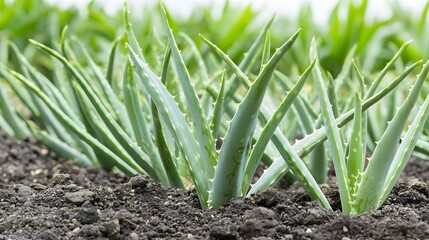 Fototapeta premium Lush Aloe Vera Plants Growing Vibrantly in Fertile Soil Under Natural Light