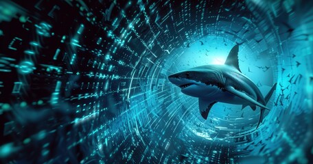 A shark swimming through a digital vortex