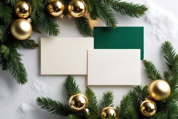 Festive holiday scene with a card and gold ornaments around a miniature tree.