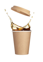 Paper cup with with a lid. Coffee splash isolated on white background
