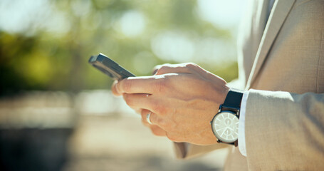 Hands, cellphone and businessman typing for networking, communication or contact for finance deal. Phone, outdoor and male investor with email for investment, profit or revenue report in park.