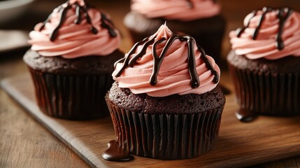 These sweet chocolate cupcakes delight with their pink frosting and chocolate drizzle, making them an irresistible treat for parties or casual gatherings with loved ones.