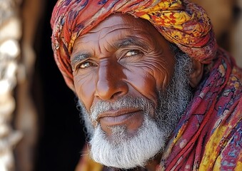 A portrait shows an older man with a colorful head covering