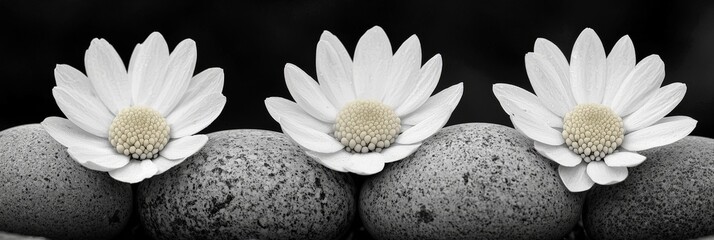 Obraz premium White lotus flowers with pebbles on monochrome textured background symbolizing inner peace mindfulness purity and minimalist serenity through tranquil symmetrical design