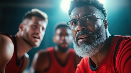 An intense and focused moment in basketball, showcasing a diverse group of players in red uniforms as they strategize, embodying teamwork and determination on the court.