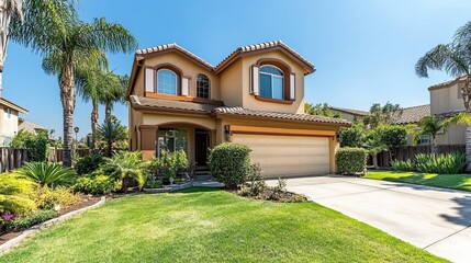 Charming Two-Story House for Sale in Coastal Neighborhood with Landscaped Gardens and Palm Trees --
