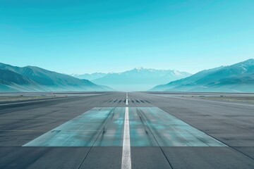 minimal empty airport runway with blue sky and mountains