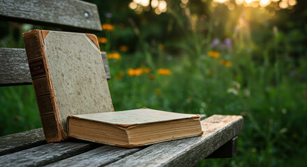 Rustic book resting on a bench in a sunlit garden