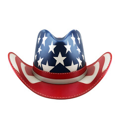 A patriotic American cowboy hat, proudly displaying stars and stripes, ready for a Fourth of July celebration, with a crisp, clean white background.