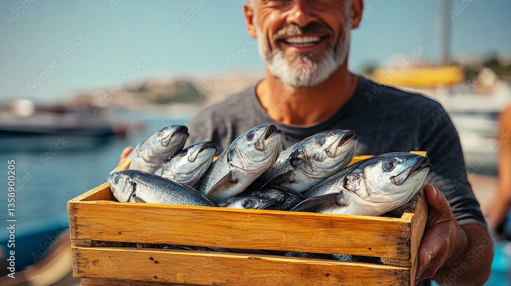 Poster a man is holding a crate full of fish. he is smiling and he is happy. the fish are of various sizes 