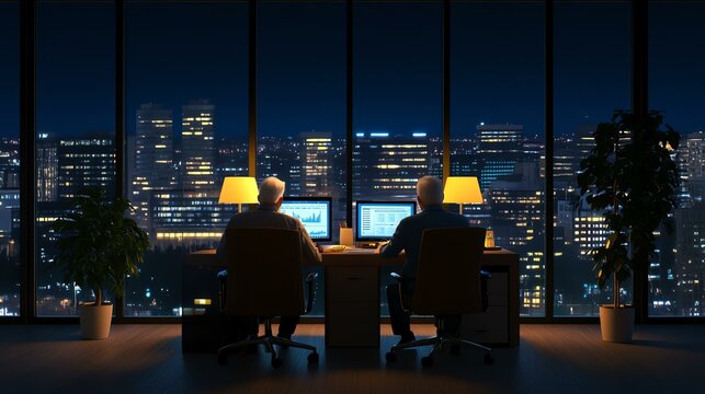 Focused Elder Couple Managing Home Finances. Responsible Elder Couple Carefully Managing Home Finances. Two professionals working at night with a city view.