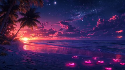 Serene Beach Scene at Night with Neon Glowing Hearts and Palm Trees Under Starry Sky with Moonlight