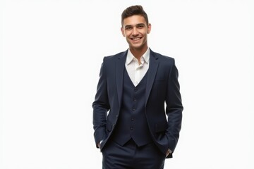 Half-Length (Waist-Up) portrait of young stylish smiling Mexican male model in formal wear isolated on pure white background looking at camera