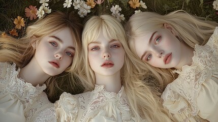 Obraz premium Three women with long hair lie on a bed of flowers, wearing delicate lace outfits, creating an ethereal and serene atmosphere.