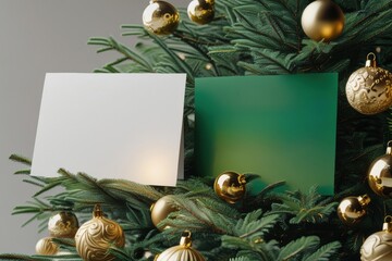 Festive holiday scene with a card and gold ornaments around a miniature tree.