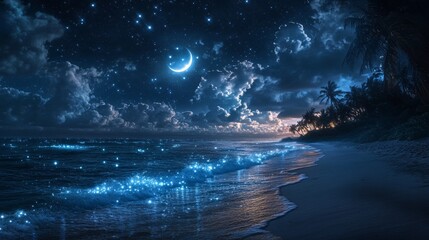A Serene Bioluminescent Beach Scene at Night with Glowing Blue Waves and Tiny Shimmering Ocean Lights