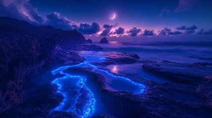 Beautiful night landscape with glowing bioluminescent tide pools connected by radiant streams
