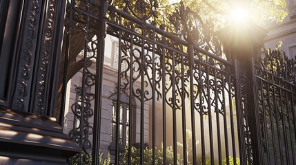Fototapeta premium A striking black metal fence with intricate detailing and a grand iron gate frames the entrance to a Russian-style school, sunlight glinting off its elegant design. 