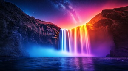 Vibrant Rainbow Waterfall Flowing into the Sea under a Night Sky with a Starry Milky Way and Colorful Lights