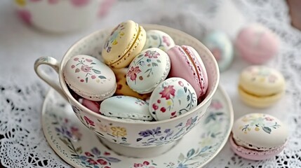 Hand-Painted Floral Macarons in Vintage Teacups with Lace Doilies, Easter Morning Pastel Color Palette Featuring Spring Motifs and Intricate Sugar Art Details for Luxury Dessert Branding or Editorial 