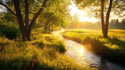 Obraz premium Peaceful Spring Landscape with Trees Grass and a Small River