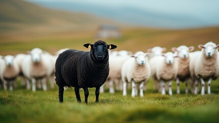 Obraz premium A black sheep stands in a field of white sheep. The black sheep is the only one with a tag on its ear
