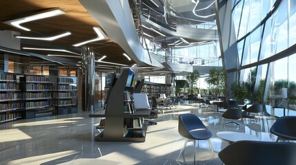 Naklejka premium A stylish modern library with an open-concept design, featuring glass walls, curved bookshelves, and digital kiosks, surrounded by collaborative seating areas. 