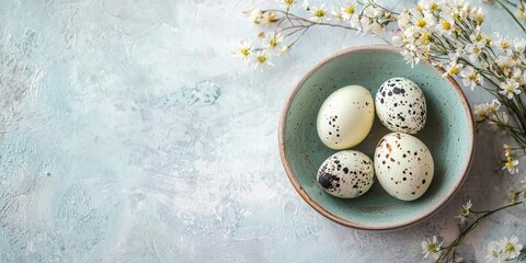 Speckled quail eggs on textured ice blue background with subtle shadows and natural light balance highlighting purity contrast and rustic easter symbolism in visual still life