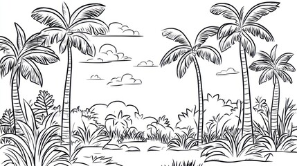 Tropical jungle sketch, black and white, nature scene,  background, illustration, design element, print, coloring page, artistic, stock