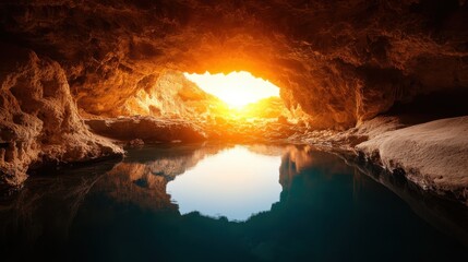 Fototapeta premium A breathtaking cave scene captures the rising sun's glow, illuminating the rocky walls and reflecting beautifully in the serene waters, representing nature's raw beauty and tranquility.
