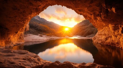 An enchanting cave view showcases a vibrant sunset reflected on calm waters, with the rugged cave walls creating a stunning backdrop for this peaceful natural scene.